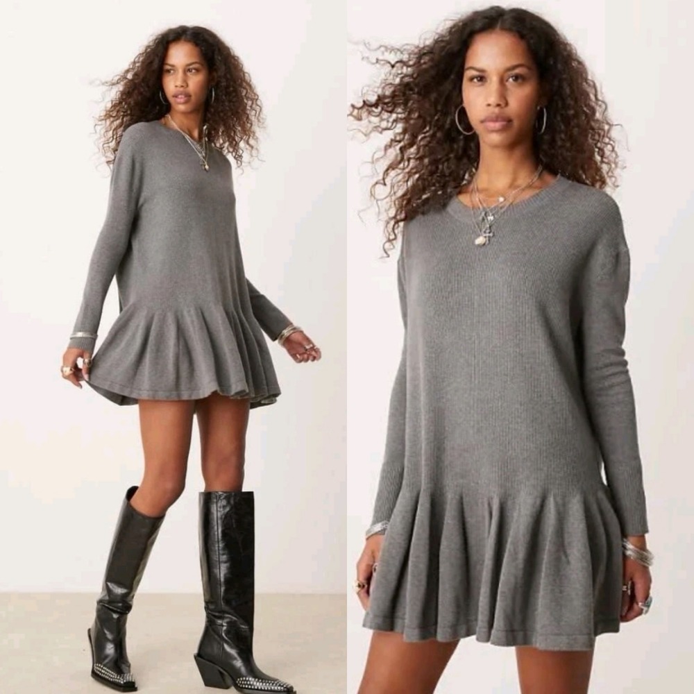 New $148 Free People Time on My Side Mini Sweater Dress Gray XS Grey Coquette